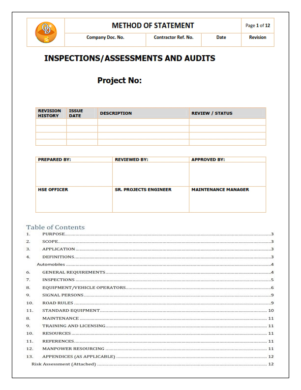 Safe Work Method Statement for Inspections, Assessments and Audits