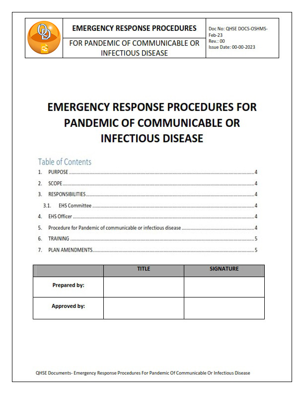EMERGENCY RESPONSE PROCEDURES FOR PANDEMIC OF COMMUNICABLE OR INFECTIOUS DISEASE