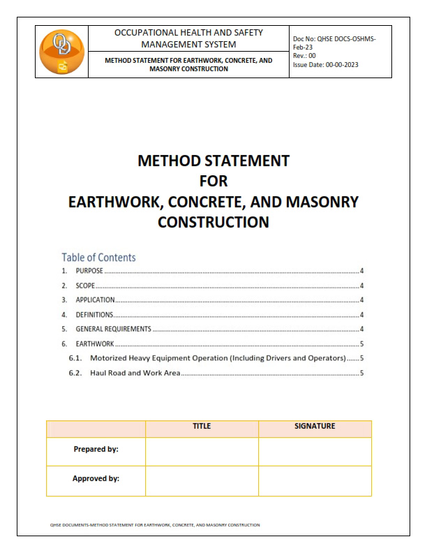 METHOD STATEMENT FOR EARTHWORK, CONCRETE, AND MASONRY CONSTRUCTION