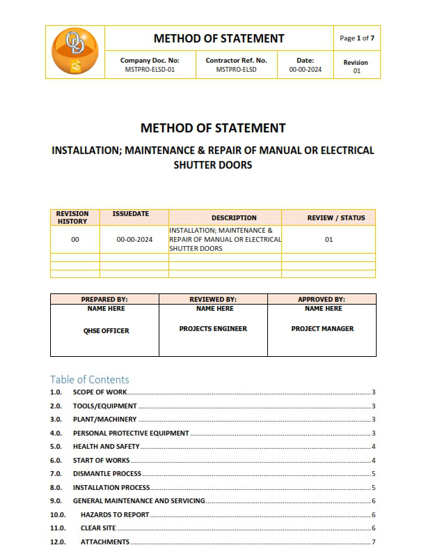 Method Statement For Maintenance & Repair Of Manual Or Electrical Shutter Doors
