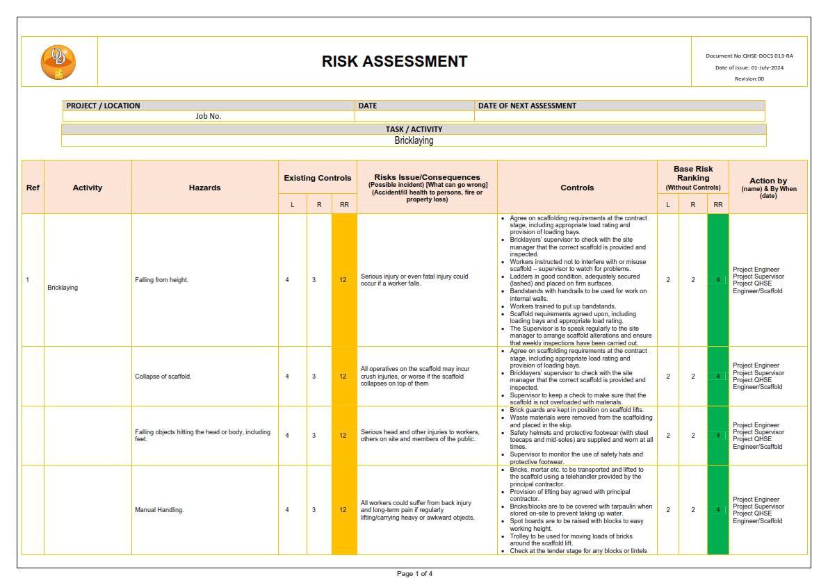 RISK ASSESSMENT FOR BRICKLAYING